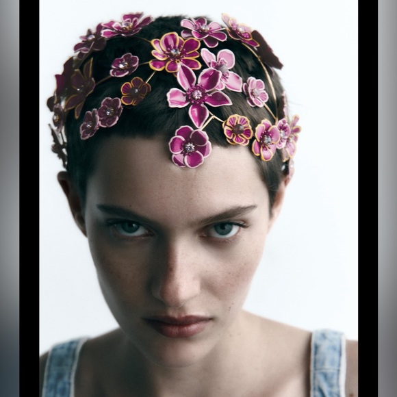 Zara Accessories Zara Sparkly Floral Headband 3d Metallic Flowers